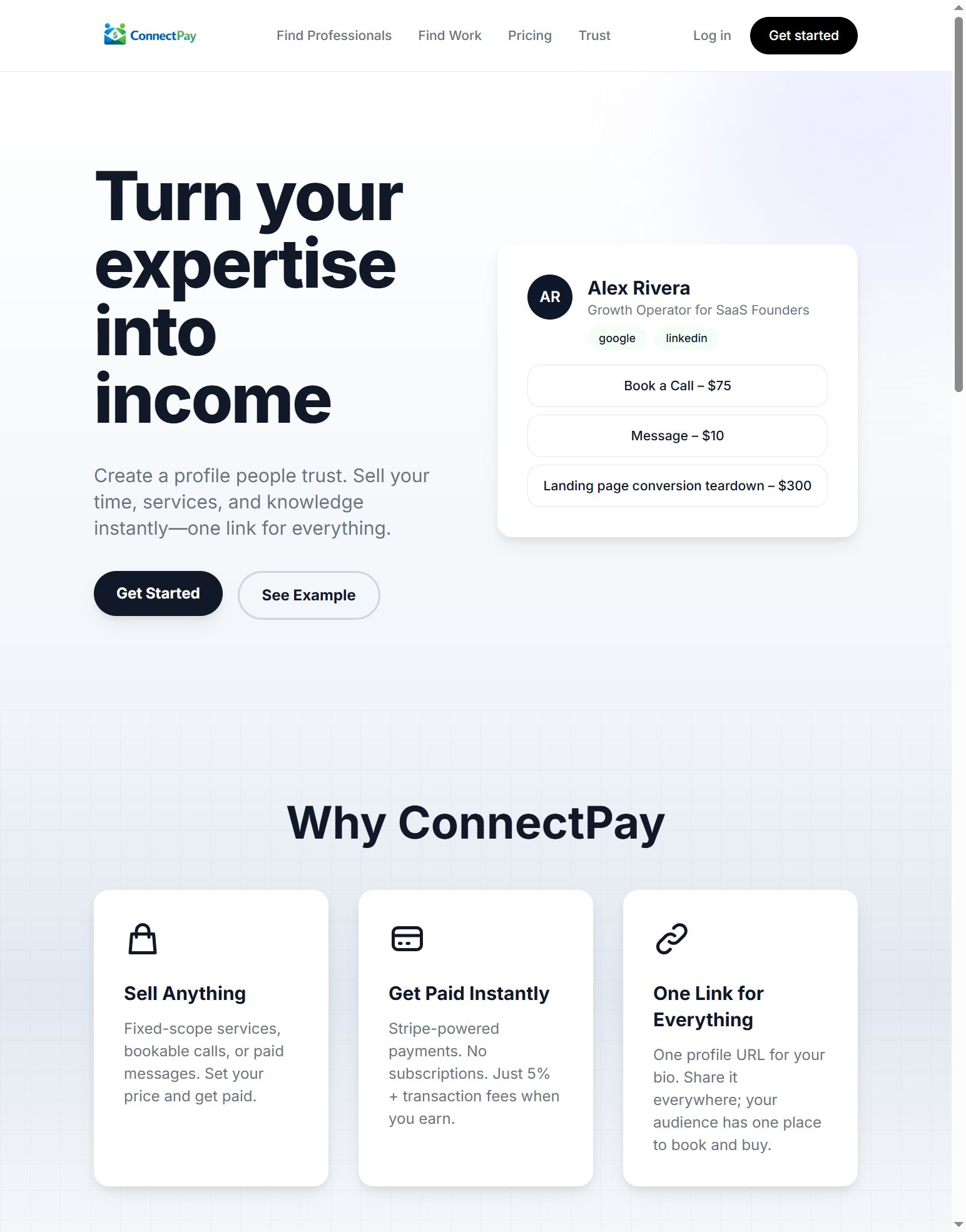ConnectPay profile and payments platform homepage