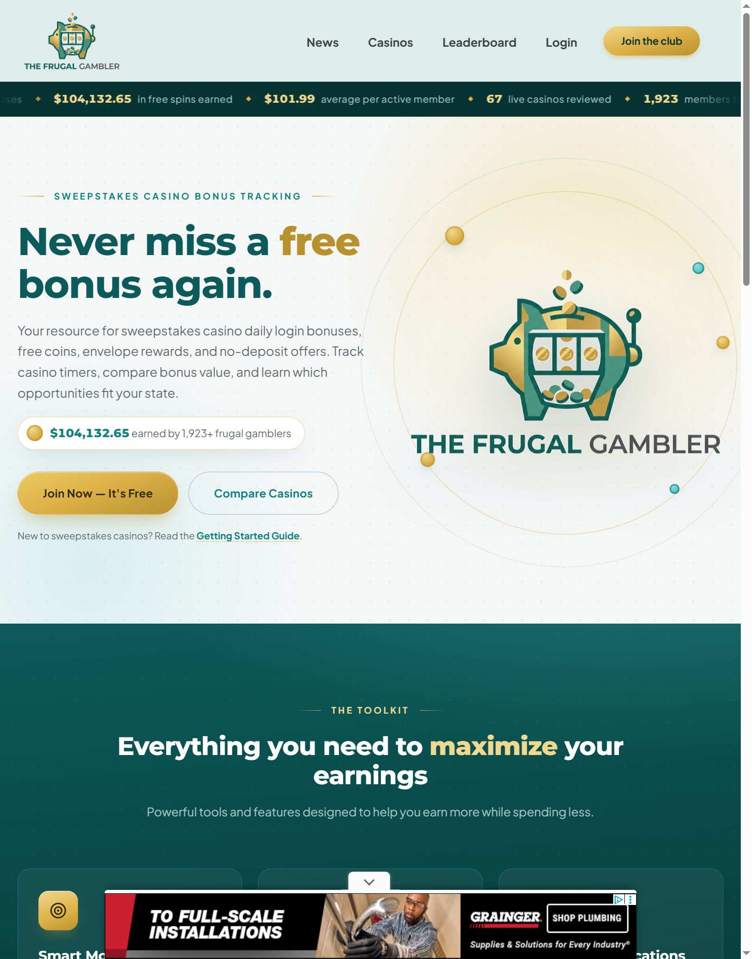 Frugal Gambler sweepstakes casino bonus tracking homepage
