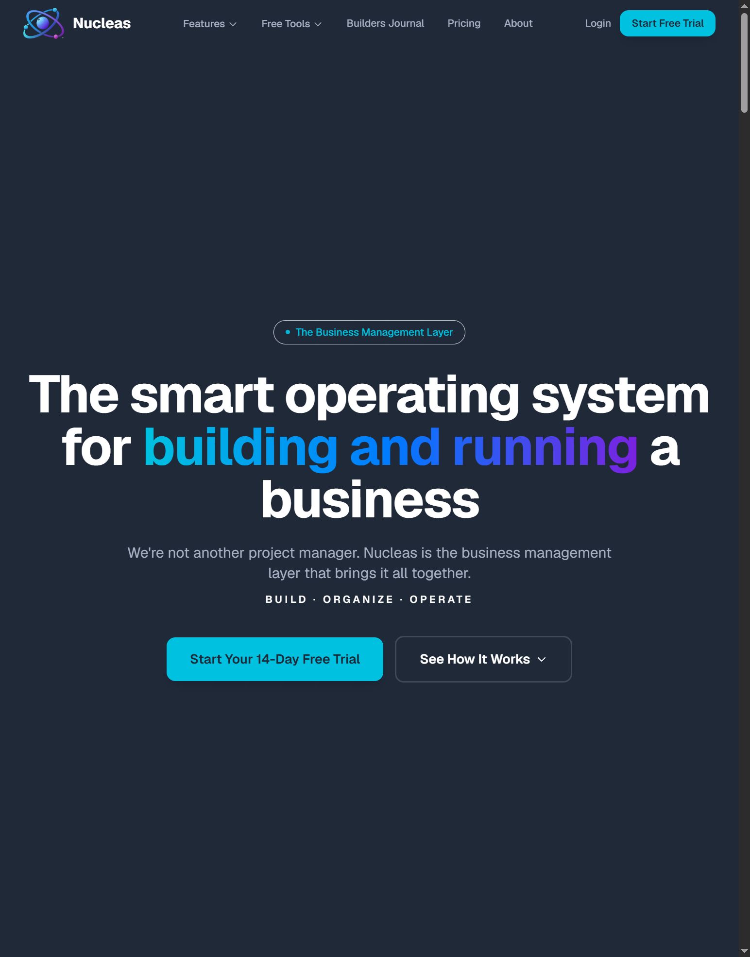 Nucleas homepage showing its smart business operating system