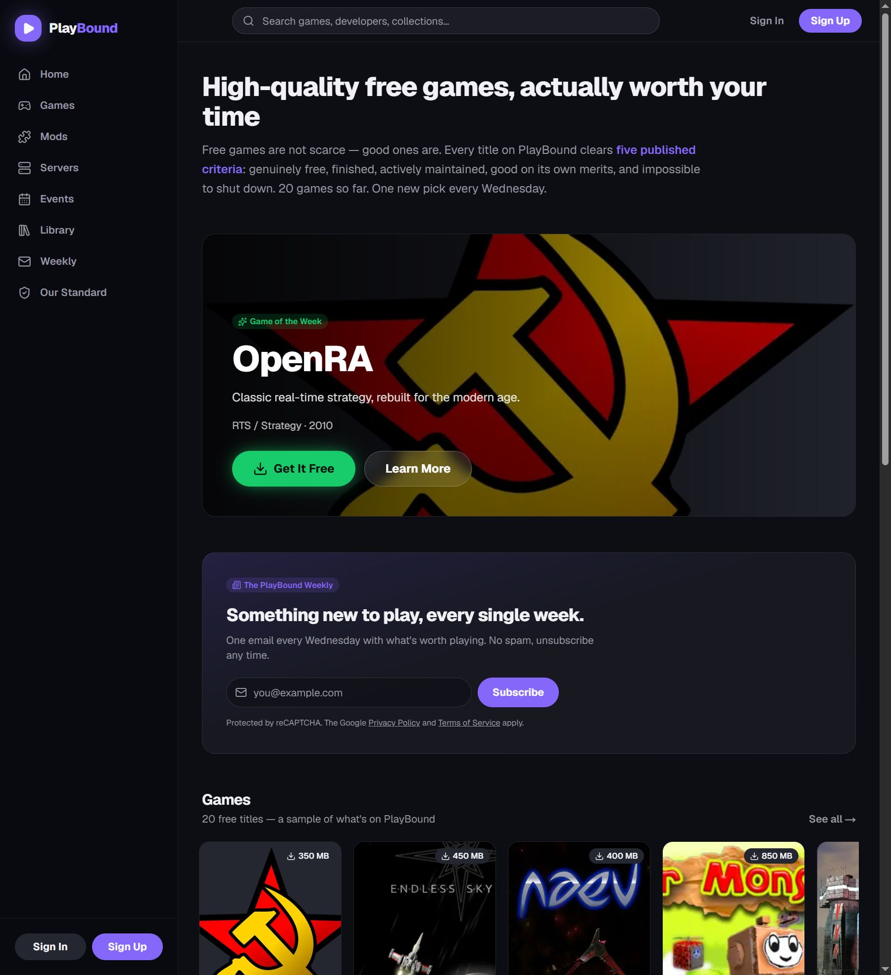 PlayBound curated free games homepage
