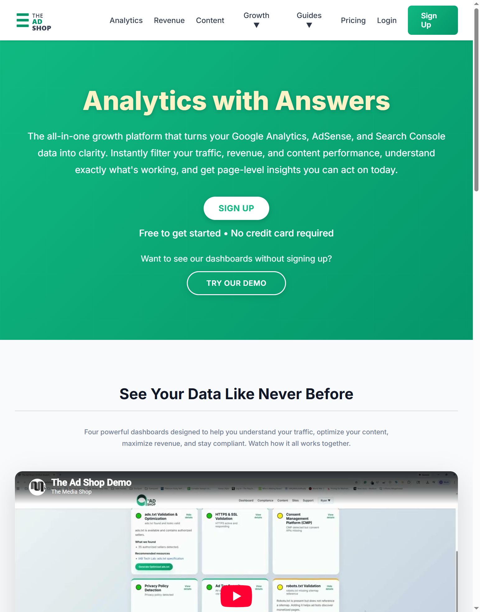 The Ad Shop analytics platform homepage
